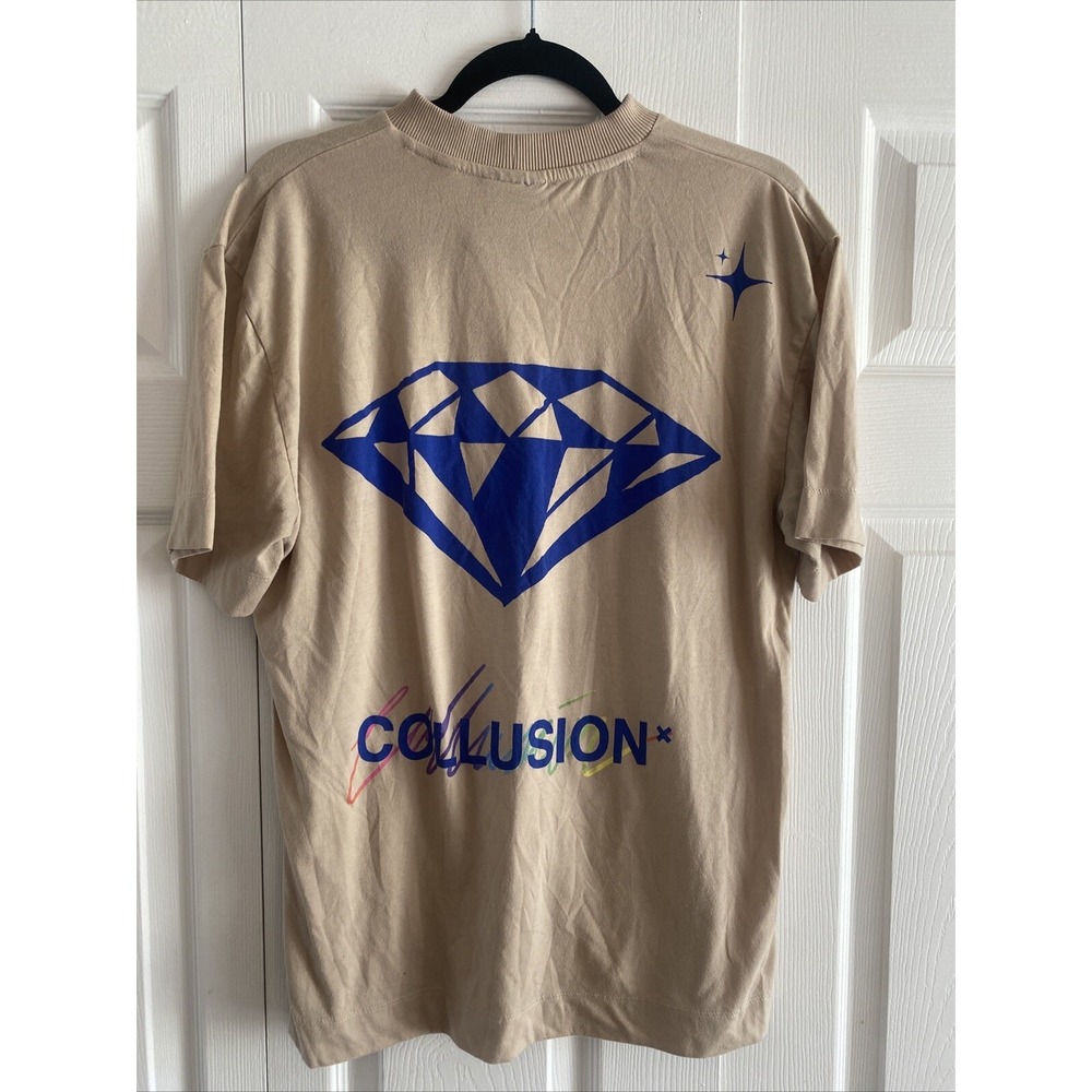 Collusion Diamond Graphic T-Shirt Mens Size M Tan Blue Streetwear‎ Cotton Blend